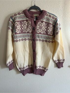 Vintage LL Bean Fair Isle 100% Wool Sweater Cardigan Womens Size M